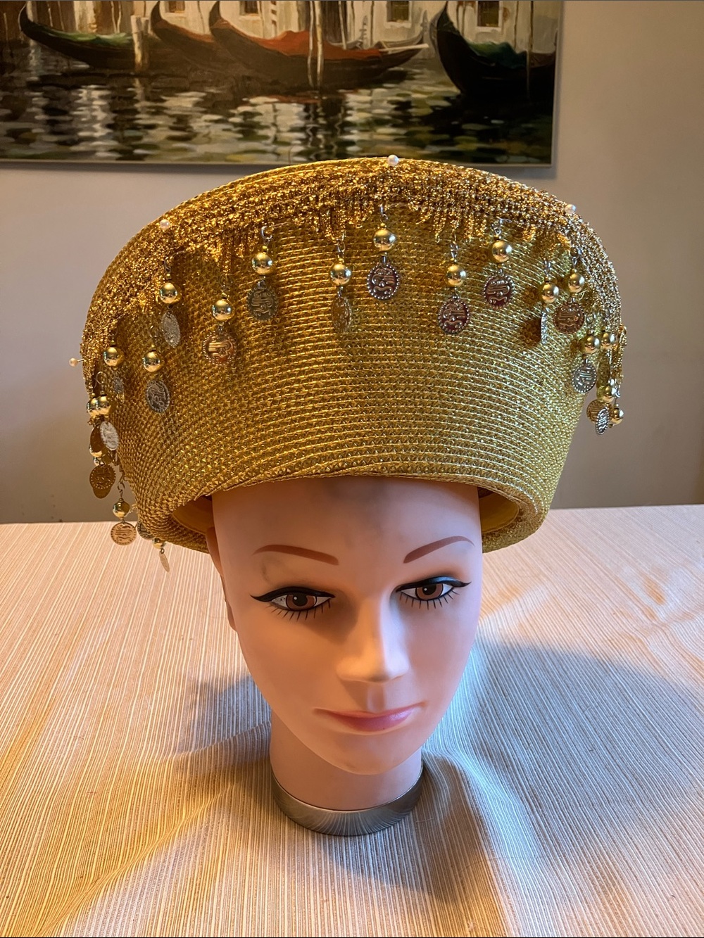 Gold Decorative Beaded Metallic Gold Straw Cocktail Hat for Women